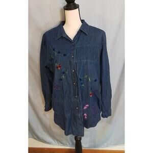 Bobbie Brooks denim shirt with vivid floral embroidery